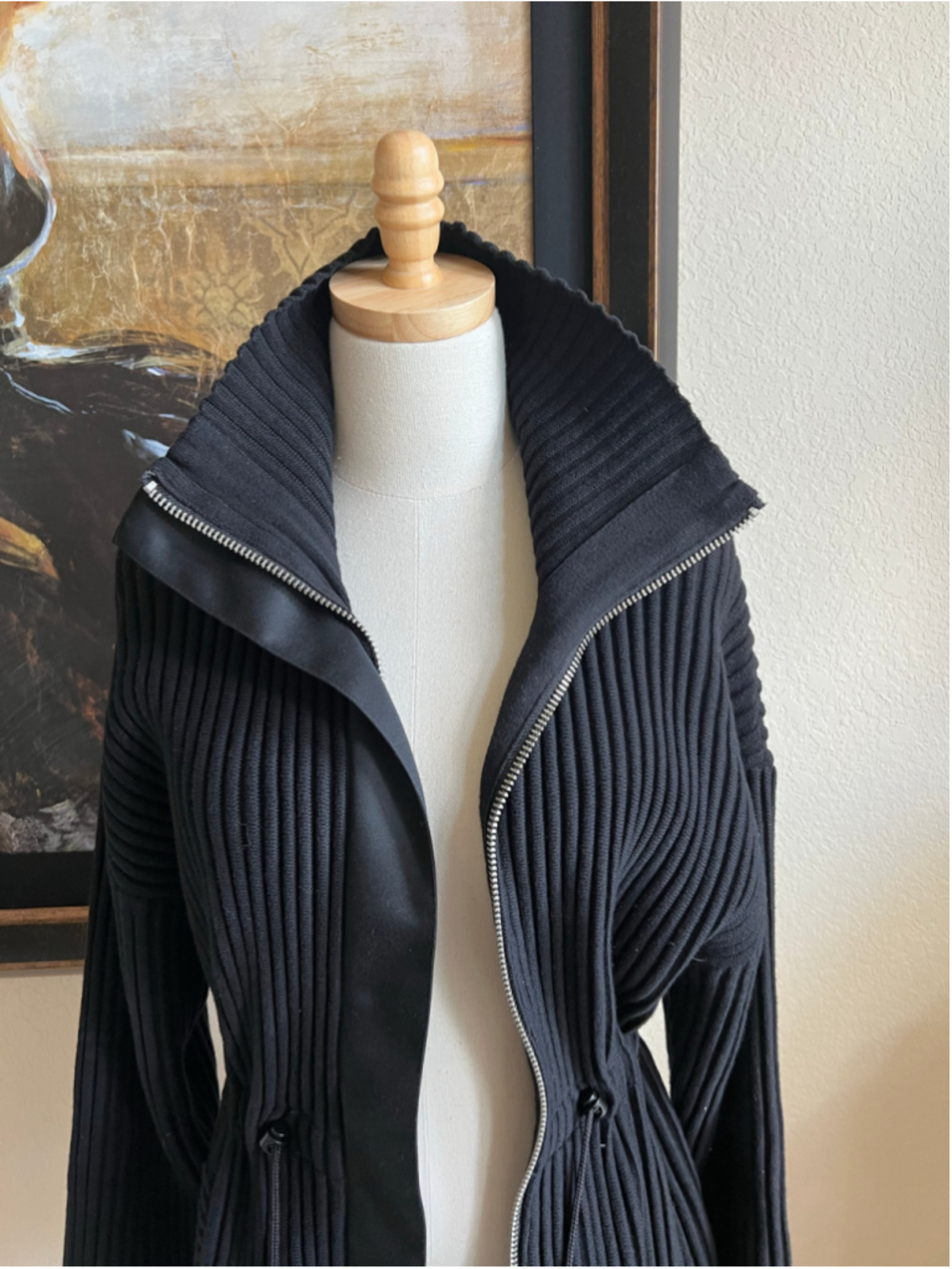 Varley Black Ribbed Knit Zip-Up Cardigan with Drawstring Waist, Size M - Picture 4 of 8